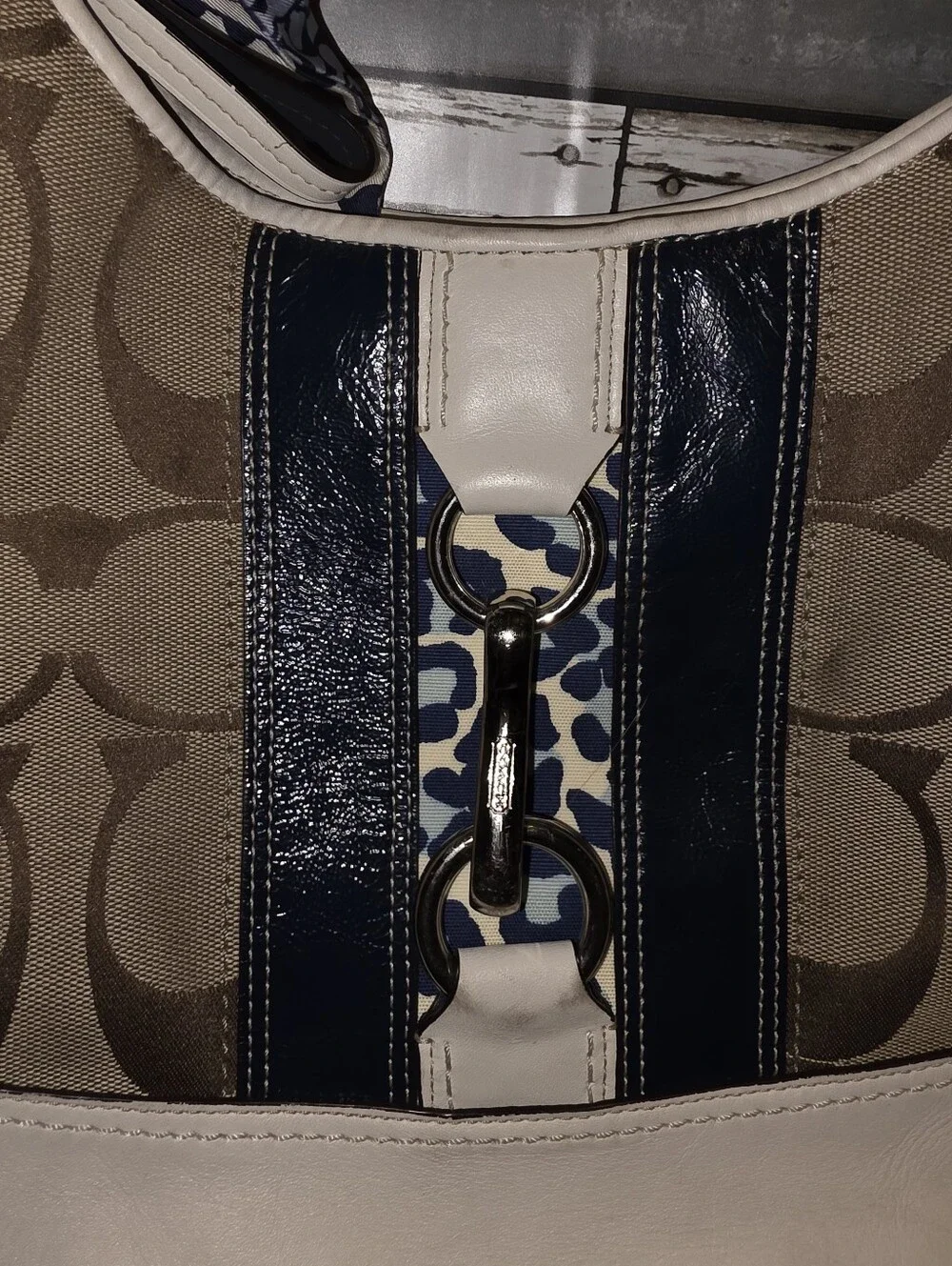 Coach Brown Signature Canvas Shoulder Bag with Cream and Navy Accents